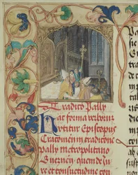 A krakkói püspök átadja a Palliumot Gnieznói érseknek Erasmus Ciolek püspök pápától 1510 körül (tempera és arany pergamen)
