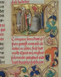 Harang áldása egy püspöktől Erasmus Ciolek püspök pápától, 1510 körül (tempera és arany pergamen)