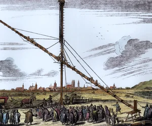 Johannes Hevelius nagy csillagászati teleszkópja (1611-1687) illusztrációja a Machina Coelestisből, Hevelius, Gdansk, 1670-ben megjelent (későbbi színezés)
