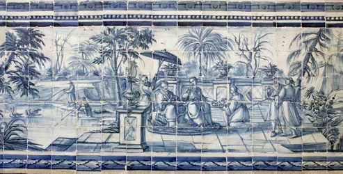 Gyümölcskóstoló egy ázsiai tó közelében - Azulejos, festett fajansz