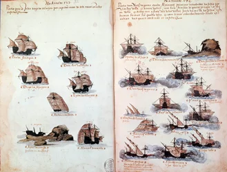 Kéziratos oldal „” Portugália armadáinak emlékei I. Mánuel király alatt (1469-1521)””, amely a portugál flottákat képviseli. 1523 B.N. Párizs