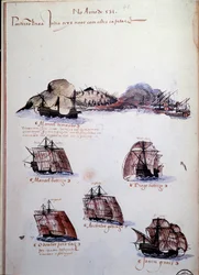 Kéziratos oldal „Emlékek Portugália armadáiról I. Mánuel király (1469-1521)” alatt, amely az 1497-es portugál flottákat képviseli. 1500 Lisszabon, Nemzeti Ókori Művészeti Múzeum