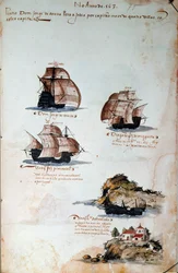 Kéziratos oldal „Emlékek Portugália armadáiról I. Mánuel király (1469-1521)” alatt, amely az 1497-es portugál flottákat képviseli. 1500 Lisszabon, Nemzeti Ókori Művészeti Múzeum
