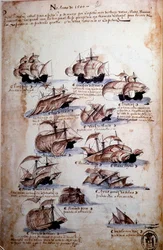 Kéziratos oldal „Emlékek Portugália armadáiról I. Mánuel király (1469-1521)” alatt, amely az 1497-es portugál flottákat képviseli. 1500 Lisszabon, Nemzeti Ókori Művészeti Múzeum