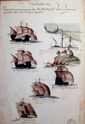 Kéziratlap „Emlékek Portugália armadáiról I. Mánuel király (1469-1521) uralkodása alatt” címmel, amely az 1497. évi portugál flottákat ábrázolja. 1500. Lisszabon, Nemzeti Régi Művészeti Múzeum.