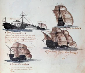 A portugál armadák emlékkönyve I. Mánuel király (1469-1521) uralkodása alatt: a portugál flotta karavelláinak ábrázolása. Miniatúra egy 1497-es kéziratból. Lisszabon, Nemzeti Régi Művészeti Múzeum