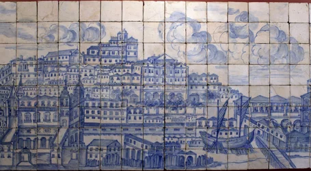 Panorámakép Lisszabonról az 1755-ös földrengés előtt - 18. század eleji azulejók, a Tentúgal grófok egykori palotájára utaló tábla, Lisszabon, Lisszabon nagy panorámája az 1755-ös földrengés előtt, 18. század eleji fajansz, egykori palota