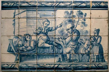 Az orvos beöntést ad egy betegnek - Lisszaboni szatirikus tábla, a 18. század első fele (Orvos - Szatirikus tábla, a 18. század első fele) - Nemzeti Azulejo Múzeum, Lisszabon (Portugália)