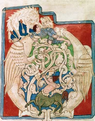 O becsomagolása egy vadászó kentaur ábrázolásával. Miniatűr „Az Ószövetségből” (Testamentum vetus) a Sancta Cruz de Coimbrából. 12. század. Porto, Városi Könyvtár