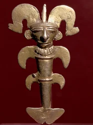 Prekolumbián művészet, quimbaya civilizáció (Kolumbia): arany antropomorf függő. Kr. u. 400-1400. Bogotá, Museo del Oro, Kolumbia