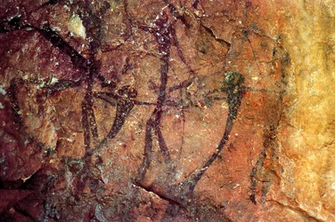 Emberalak íjakkal, Cueva del Civil, Tirig, Barranc de la Valltorta, Valencia, Spanyolország (festmény)