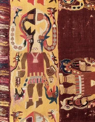 Kolumbusz előtti civilizáció: maszkot viselő szertartásvezető. Kr. e. 300-100. Falikárpit a perui Icából. Nemzeti Régészeti Múzeum, Lima, Peru.