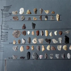 Őskor, pontinianói kultúra: kövek és kovakő (kőeszközgyártás) a Moscerini-barlangból, Lazio. Kőkorszak. Felső paleolitikum. Róma, Museo Nazionale Preistorico Etnografico Luigi Pigorini