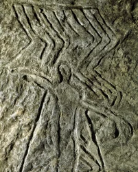 Őstörténet, sziklaművészet: emberi alakot ábrázoló sziklarajz (graffiti kövön). neolitikum, kőkorszak. (Azerbajdzsán) Bronzkor. Baku, Azerbajdzsán Állami Vallástörténeti Múzeum