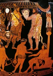 Pronomosz-váza, vörösalakos kratér. Héraklészt, valamint egy szatírjáték előkészületeit ábrázoló részlet Dionüszosz és Ariadné jelenlétében; a szereplők színházi maszkokat tartanak. Kr. e. 400. Nápoly, Museo Archeologico Nazionale