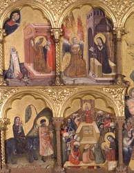 Szűzanya poliptichonja, Nagy Szent Gergely (540-604) részlete Traianus (53-117) lelkének a purgatóriumból való kiszabadításáért, az Angyali üdvözletért, az Egyiptomba való kirepülésért és Jézus az orvosokkal imádkozásáért ( tempera a panelen)
