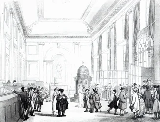 Bank of England, Great Hall, Ackermann „London mikrokozmosza” című művéből, 1809 (akvatinta)