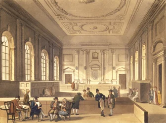 Osztalékcsarnok a South Sea House-ban, pub. R. Ackermann, 1810 (akvatinta)