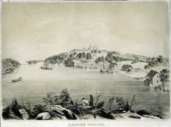 A Valaam kolostor (vagy Valamo) a Lagoda-tó Valaam-szigetén (Oroszország) (The Valaam Monastery on Valaam Island in Lagoda Lake). Pjotr ​​Fjodorovics Borel (1829-1898) rajza. Litográfia, 53,3 x 70,5 cm