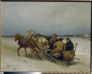 Trojka télen. (Hagyományos orosz vonóhorog, három ló húzza). Pjotr ​​(Pjotr) Petrovics Szokolov (1821-1899) festménye, olaj, vászon