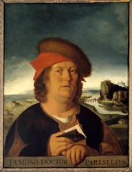 Paracelsus orvos (1493-1541) feltételezett portréja (Paracelsus Aracelsus vagy Theophrastus Bombastus von Hohenheim). Festmény. Quentin Metsys (1465/1466-1530) elveszett eredetije utáni másolat. Méret: 0,72 x 0,54 cm. Musée du Louvre.