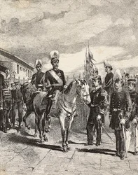 Japán hadsereg: gyalogos katonák, vezérkari főnökök, vezérőrnagy, lovasság, admirális, gyalogsági kapitány, lövész, Japán, metszet Quinto Cenni rajzából, L