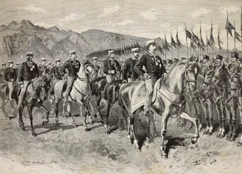 I. Umberto király a firenzei lándzsákat vizsgálja meg Martin di Montu tábornokkal a háta mögött, szeptember 28-án, lovassági gyakorlatok az olaszországi Pordenone-ban, metszet Quinto Cenni rajzából, a L