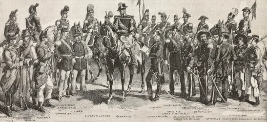 Piemonti hadsereg 1859-ben: gyalogosok, tüzérek, mérnökök, gránátosok, tisztek, tábornokok, lándzsások, lovasok, puskások, metszet Quinto Cenni rajzából, L
