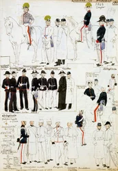 Modenai Hercegség egyenruhái 1849-ben, a Cenni Codex katonai vázlatgyűjteményéből készült tábla akvarellrel