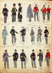 Különböző, 1859 és 1866 között használatos olasz egyenruhák Quinto Cenni által, színes tábla