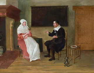Interieur egy ülő férfival és nővel (olaj, tábla)