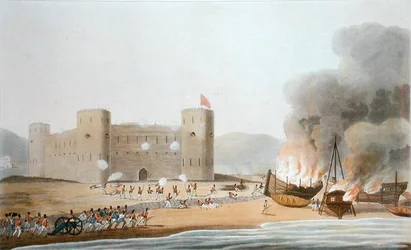 A Luft erőd elleni támadás, 1809. november 27., „Tizenhat nézet a Perzsa-öböl helyeiről, az 1809-1810-es években készült, a Bombayből küldött expedíción alkalmazott erők eljárásának szemléltetése”, vésett: I. Clark, megjelent 1
