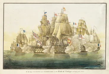 A "Victory" és a "Temeraire" hajók a trafalgari csatában délután fél egykor (litográfia)