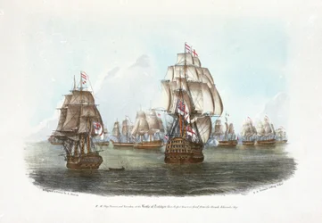 A HMS "Victory" és az "Euryalus" a trafalgari csatában, amikor a francia admirális hajójáról elsütötték az első ágyút (színes litográfia)