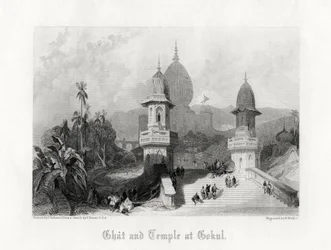 Ghat és templom Gokulban, Indiában, 1838.