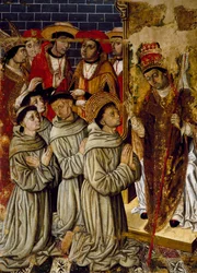 Csodák ciklusa, részlet a San Bernardino-oltárból, Joan Figuera és Tomas Rafael (a 16. század második felében tevékenykedett), táblán tempera, 399x253 cm. Részlet.