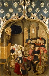 Látás prédikáció közben, részlet a Szent Bernánd-oltár bal oldali paneljéről Rafael Tomas (aktív 1455-1479), predella Joan Figuera (aktív 1454-től - meghalt 1477 vagy 1479), tempera a panelen, 398, 9x253 cm