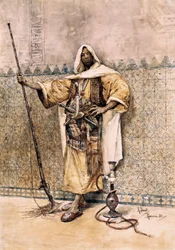 Orientalizmus: "" Egy arab férfi portréja, katona fegyvere, kést visel az övnél "" Rafael Senet y Perez (1856-1926) akvarellje 1881 Sevilla. Szépművészeti Múzeum.