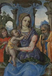 Madonna és gyermeke Szent Józseffel és egy angyallal.