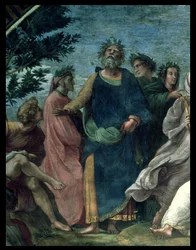 A Parnasszus, Homérosz, Dante és Vergilius részlete a Stanze della Segnaturában, 1510-11