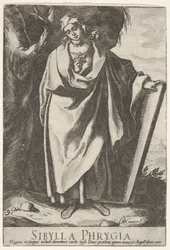 9. tábla: a fríg Szibilla, aki bal kezével egy tábla tetejét tartja, és rá mutat, 1609.