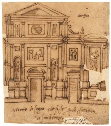 A firenzei San Lorenzo homlokzatának terve (toll és barna tinta, olajozott pauszpapírra)