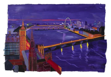 Westminster éjszaka, 2022 (akril és kollázs papírra)