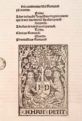 Ramon Llull (1235-1315) "De Laudibus Beatissimae Virginis Mariae" kódexének oldala, amely két oroszlánt ábrázol, akik Jehan Petit nyomdász címerét tartják.