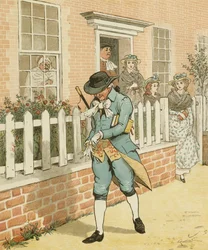 Oliver Goldsmith elégia egy veszett kutya haláláról. Islington jó embere a templomba indul. Illusztráció: Randolph Caldecott