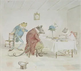 "Imádkozzon, Miss Mouse, adna nekünk egy kis sört" - illusztráció az "A Frog He Will A-Wooing Go"-ból