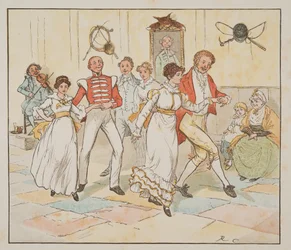 A katona és menyasszonya, a Hey Diddle Diddle képeskönyvből, 1882-es publikáció (színes metszet)