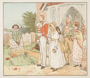 A katona és menyasszonya, a Hey Diddle Diddle képeskönyvből, 1882-es publikáció (színes metszet)