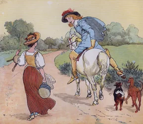 Hová mész, szép szobalányom? Illusztráció: Randolph Caldecott a Nursery Rhyme "The Milkmaid" című dalához.