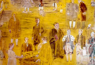 La Fee Electricite, részlet: Tudósok portréi: Charles de Coulomb, Pierre Simon de Laplace, Pierre Simon de Laplace és Charles de Coulomb: Henry Cavendish, Le Monnier, Franz Aepinus, Denis Papin, Joseph Priestley, Luigi Galvani, Carl Friedrich Gauss, Simeon